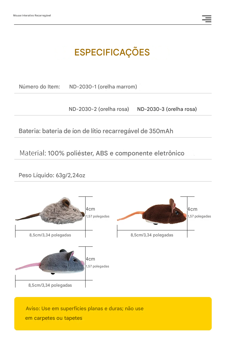 Brinquedo rato interativo - caracter&iacute;sticas t&eacute;cnicas